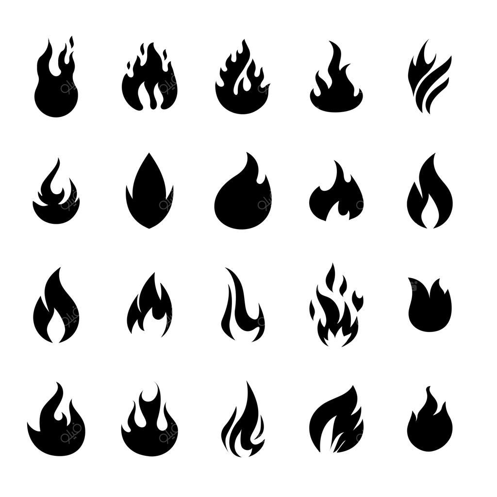مجموعه آیکون‌های وکتور و خطی شعله‌های آتش، طرح دورخط هیزم و المان‌های شعله‌ور