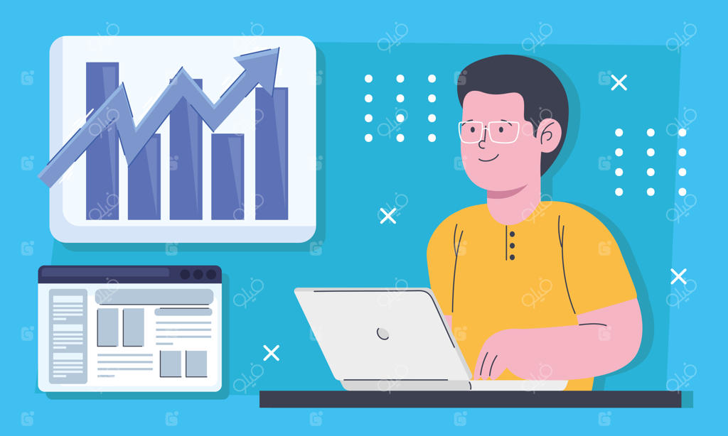 کسب‌وکار: مردی با لپ‌تاپ و نمودارهای آماری