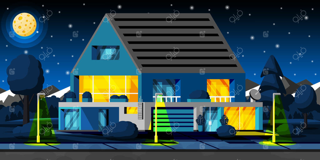 منظره‌ای با کلبه مسکونی در شب: نمای بیرونی بنای روستایی با نمایی از درختان و باغچه حیاط جلو. خانه مدرن در حومه شهر. مفهوم املاک و مستغلات. تصویرسازی کارتونی و تخت