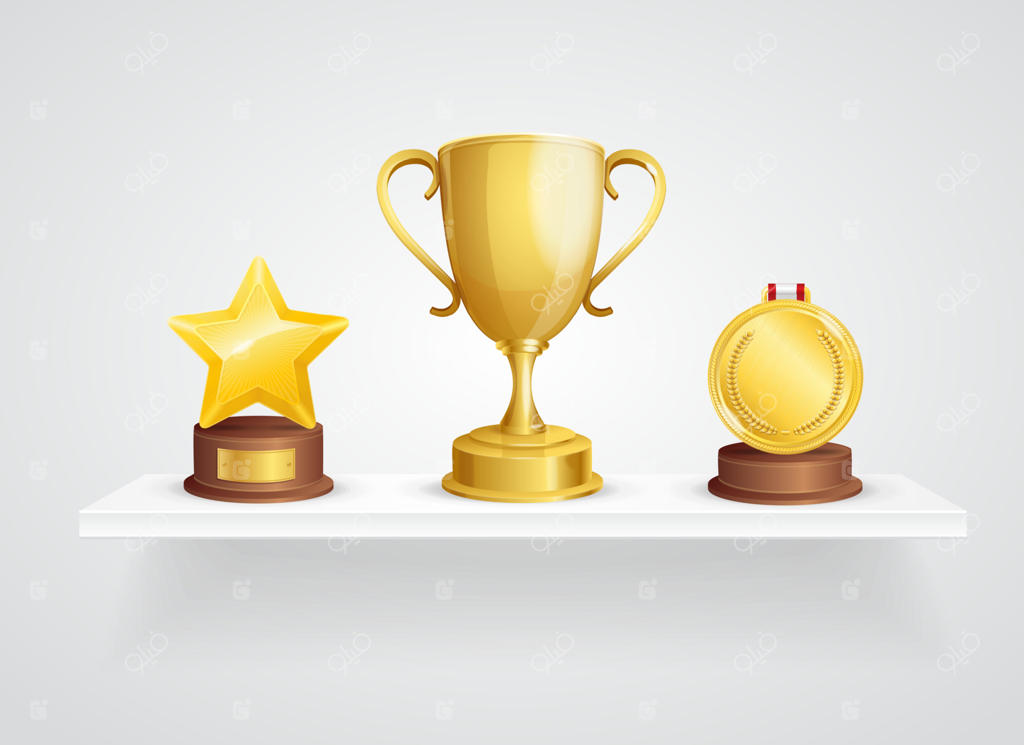 جوایز مختلف سه‌بعدی و واقع‌گرایانه روی قفسه. وکتور