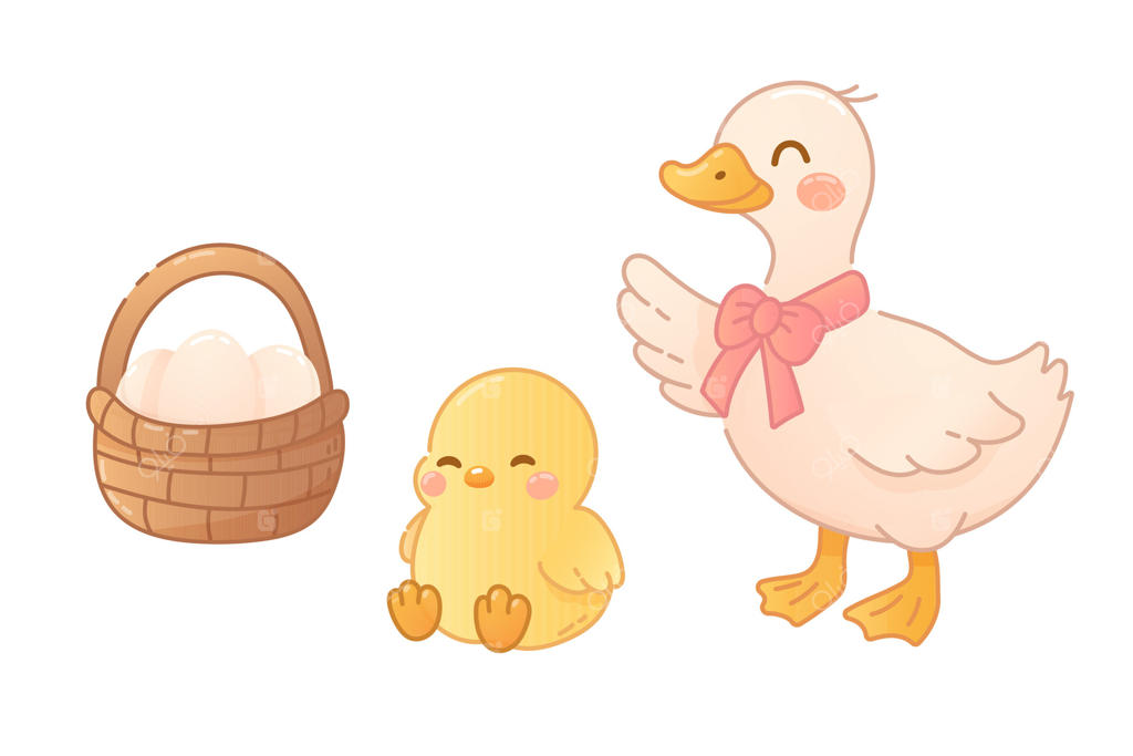 تصویر جوجه و اردک بامزه همراه با تخم‌مرغ‌ها - وکتور حرفه‌ای