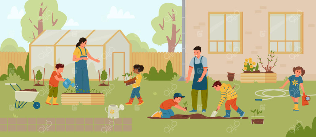 کاشت درختان و بوته‌ها توسط معلمان و کودکان در حیاط مدرسه: تصویرسازی برداری صاف. باغ مدرسه با حضور افراد، گلخانه، بسترها، چرخ‌دستی، درختان و بوته‌های تازه‌کاشته‌شده.