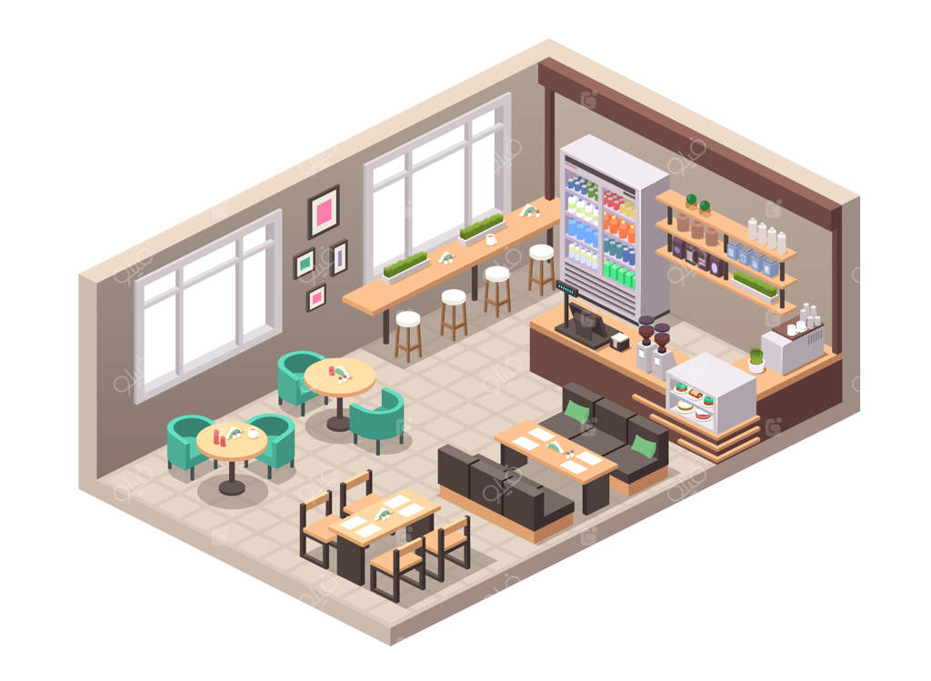 تصویر واقع‌گرایانه از کافی‌شاپ یا کافه‌تریا: نمای ایزومتریک از دکوراسیون داخلی شامل میزها، مبل‌ها، صندلی‌ها، پیشخوان، صندوق، کیک و دسر در ویترین، نوشیدنی‌های بطری‌شده روی قفسه، دستگاه قهوه‌ساز و دکوراسیون