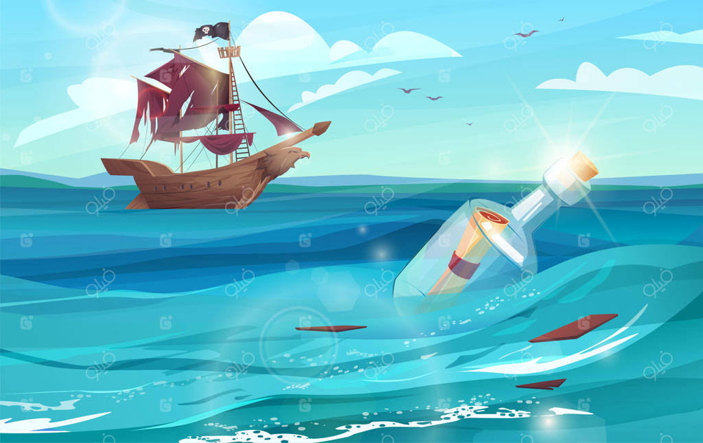 بطری حاوی پیام کاغذی در دریا شناور و کشتی دزدان دریایی در دوردست در حال حرکت است