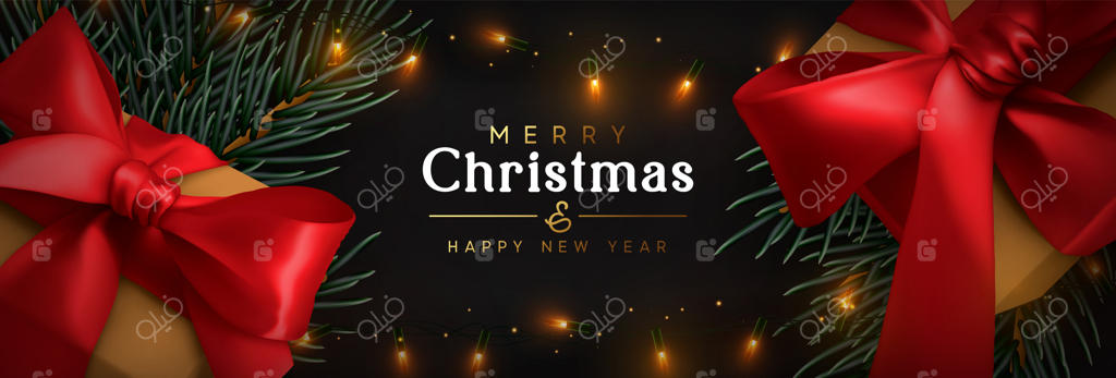 بنر کریسمس: طراحی جعبه‌های کادویی قهوه‌ای واقعی با روبان قرمز. شاخه‌های کاج سبز و ریسه طلایی روشن. پوستر افقی برای تعطیلات، سربرگ وبسایت. کارت تبریک سال نو.