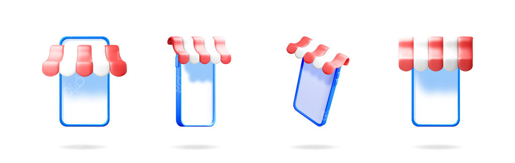 این یک مجموعه آیکون سه‌بعدی رنگارنگ است که شامل یک تلفن همراه و چادرهای مختلف فروشگاهی برای خرید آنلاین دیجیتال است، با زمینه‌ای شفاف.