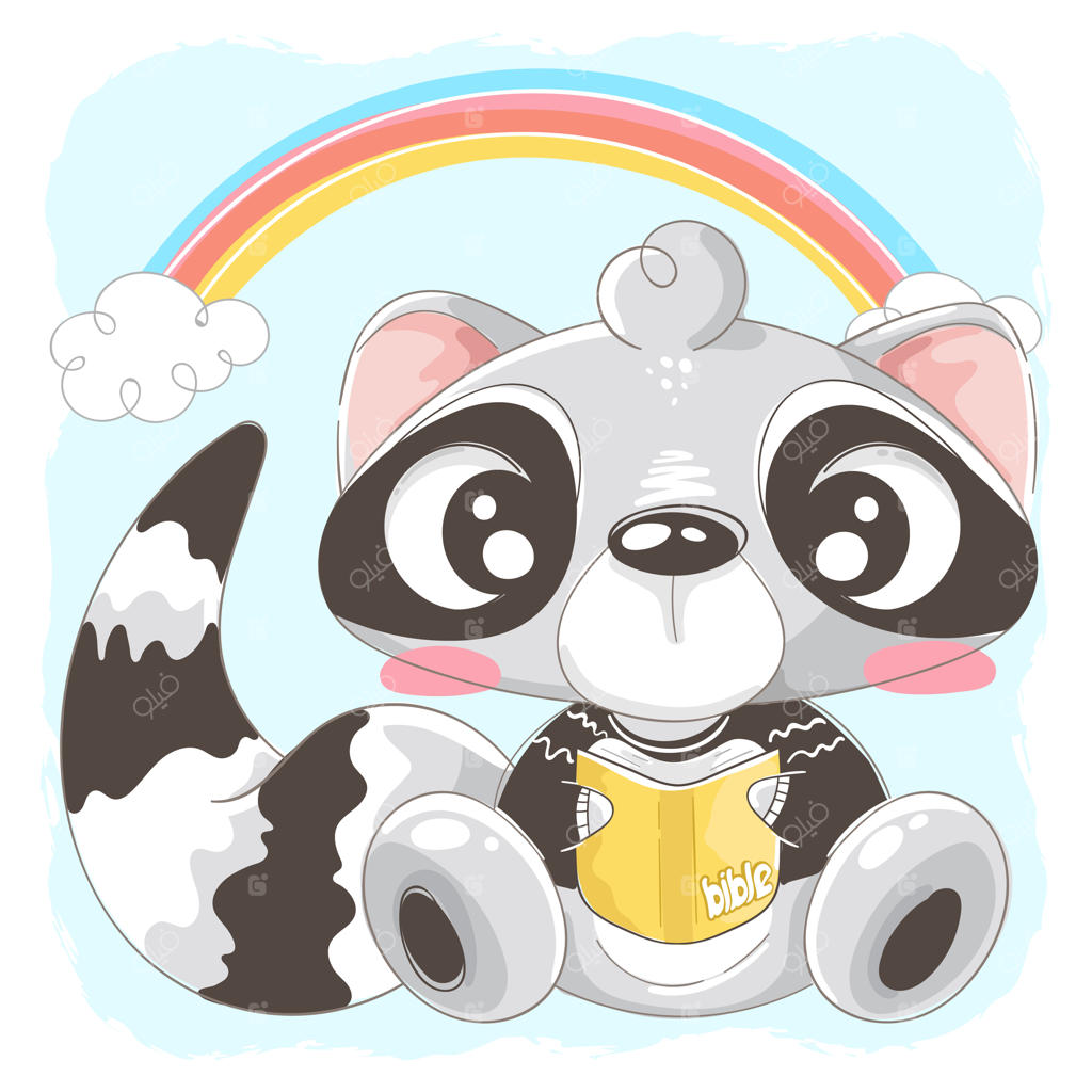 تصویرسازی بامزه راکون در حال کتاب خواندن