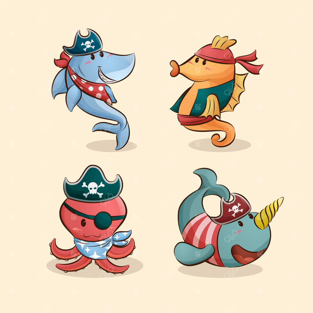 مجموعه تصاویر کارتونی از شخصیت‌های حیوانات دزدان دریایی دوست‌داشتنی