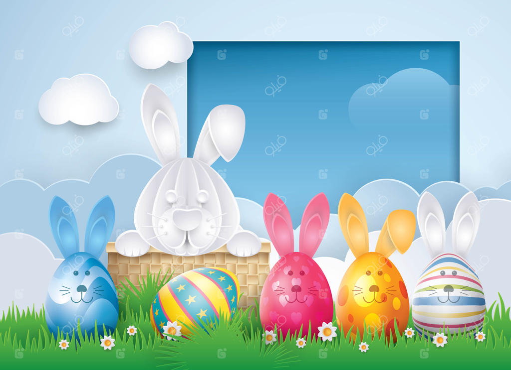 کارت تبریک عید پاک با خرگوش بامزه‌ای که از قاب ابری بیرون آمده و همراه با تخم‌مرغ‌های رنگارنگ