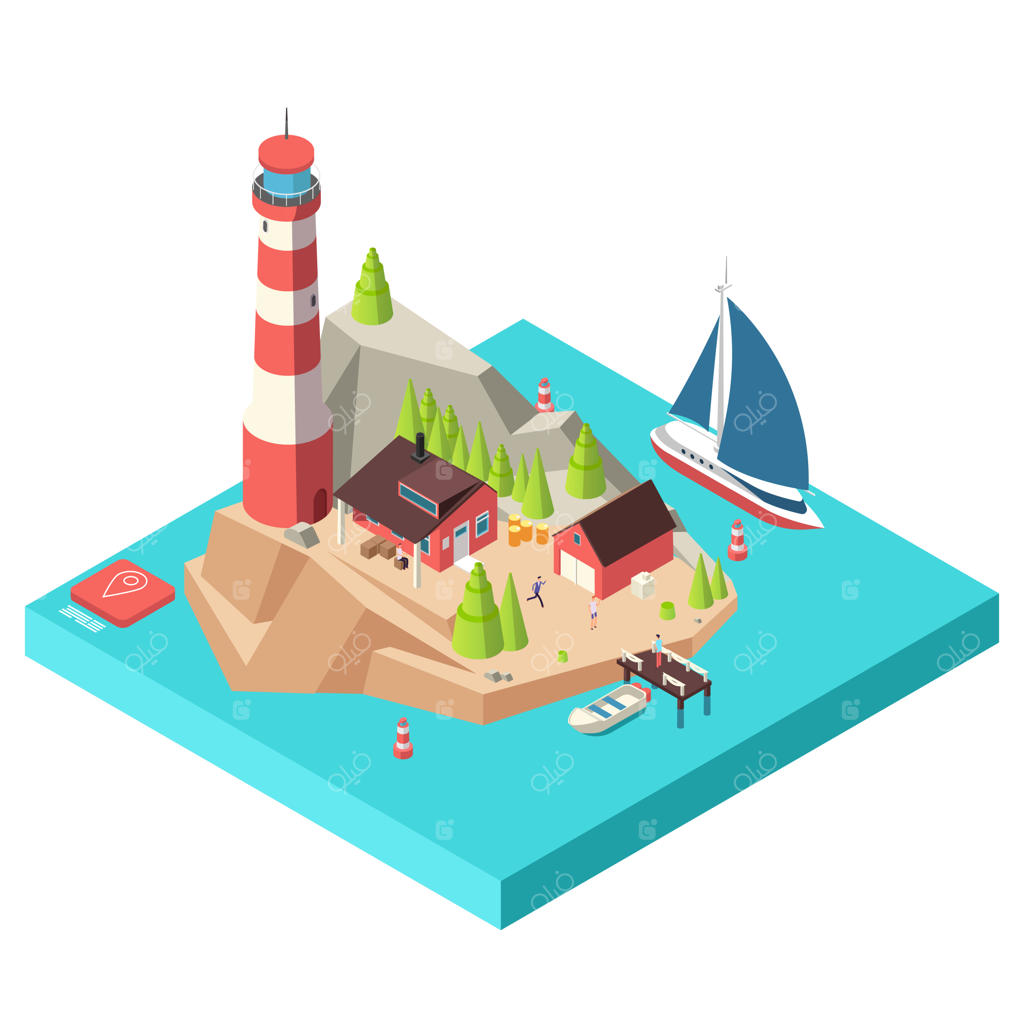 فانوس دریایی ایزومتریک: جزیره‌ای با برج و خانه، درختان و قایق در دریا و مردان در تصویر ایزومتریک
