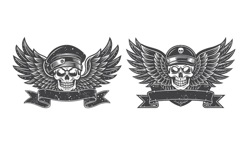 دو جمجمه گرانج با بال‌ها و پرچم‌های جزئیات‌دار به صورت سایه‌نمایی روی زمینه سفید