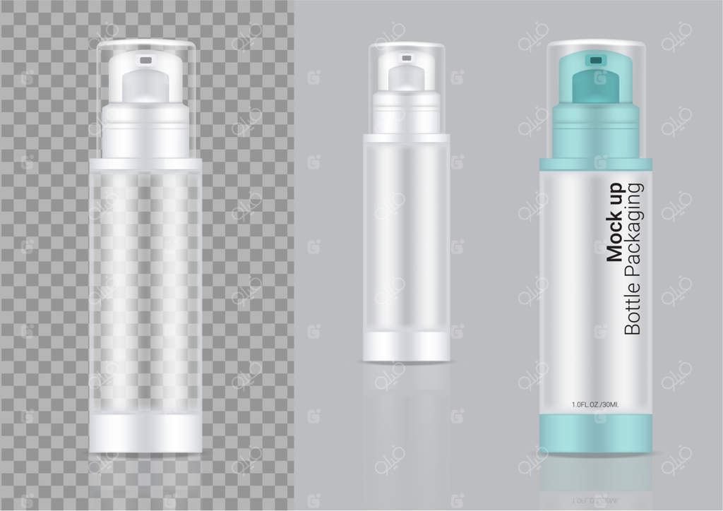 بطری شفاف سه‌بعدی با طراحی واقعی برای بسته‌بندی محصولات مراقبت از پوست، شامل فوم یا لوسیون، با رنگ آبی و درپوش