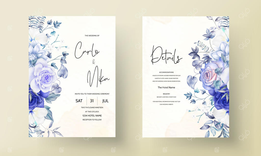 قالب کارت دعوت عروسی با طرح گل‌های آبرنگی شیک