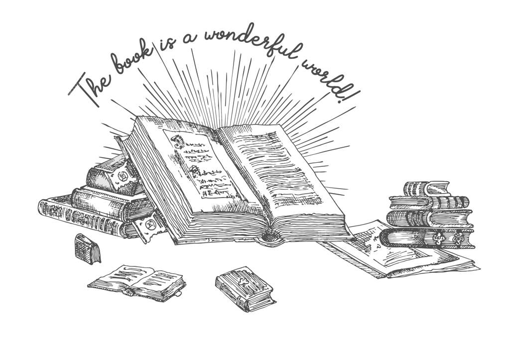 بنری با طرح دستی کتاب‌ها در پس‌زمینه سفید و متن "کتاب دنیای شگفت‌انگیز" - طراحی قدیمی برای فستیوال یا نمایشگاه کتاب و تبلیغات کتابفروشی به سبک حکاکی