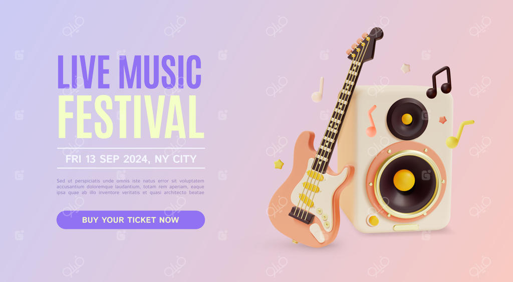 قالب کارت و پوستر و بنر فستیوال موسیقی زنده سه‌بعدی به سبک کارتونی. وکتور