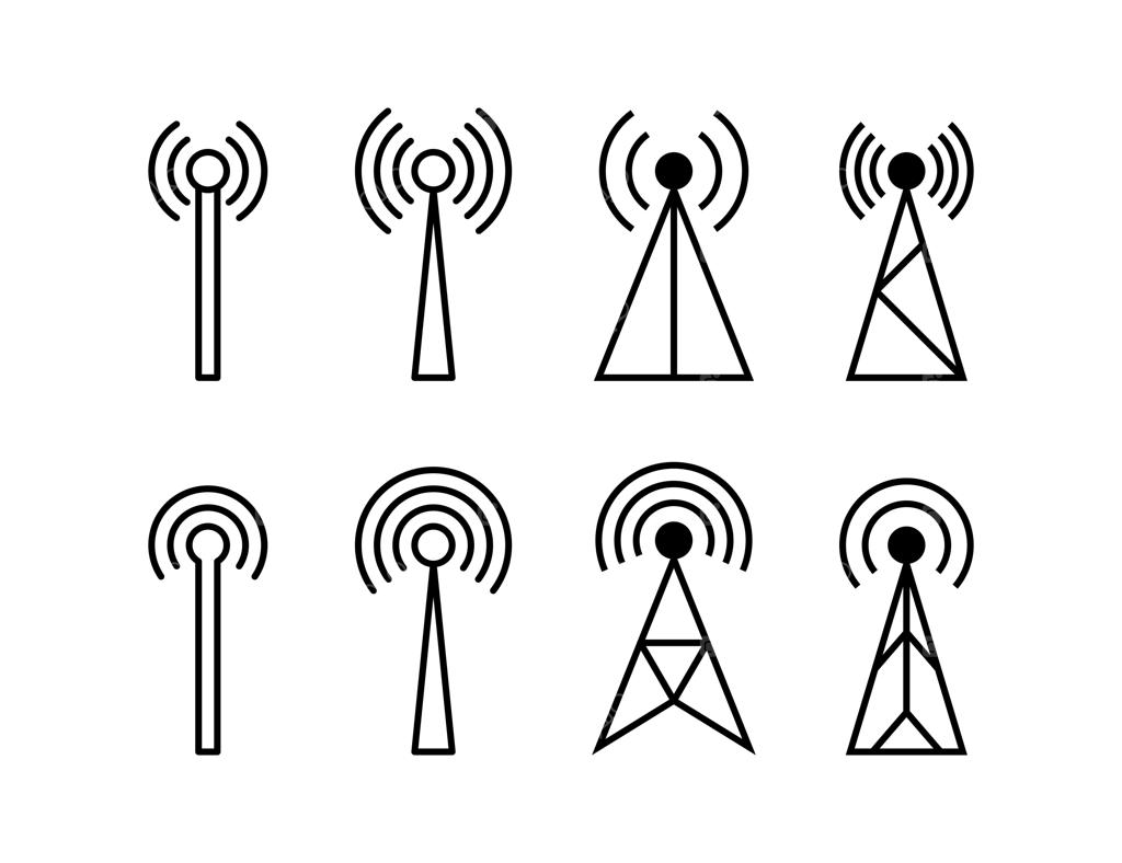 مجموعه آیکون آنتن بی‌سیم و نماد فرستنده، طراحی ایزوله در پس‌زمینه سفید
