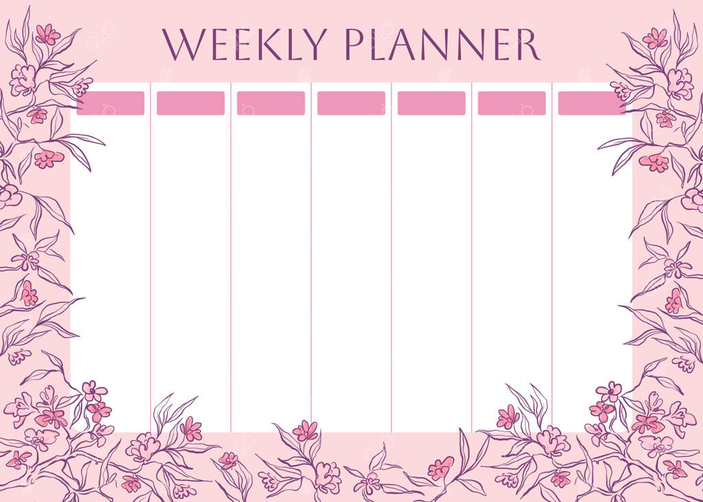 برنامه‌ریزی هفتگی با شکوفه‌های گیلاس زیبا. پس‌زمینه باغ ساکورای ژاپنی، گل‌های بهاری برای یادداشت. قالب طراحی برنامه مدرسه بامزه برای ۷ روز. طرح خط‌خطی کودکانه