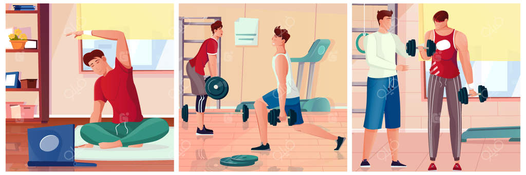 مجموعه طراحی تخت بدنسازی با افراد در حال کشش و تمرین