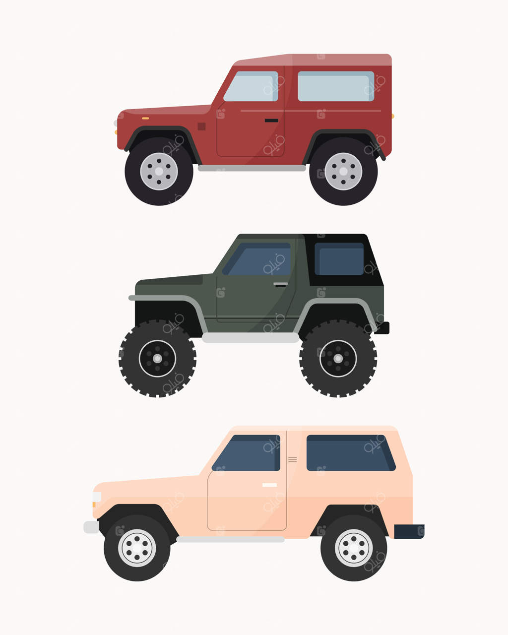 مجموعه‌ای از خودروهای شاسی‌بلند آفرود. وسایل نقلیه آفرود