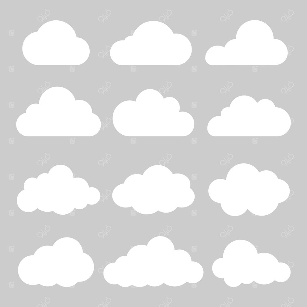 مجموعه وکتور ۱۲ آیکون ابر سفید با اشکال متنوع در پس‌زمینه خاکستری، مناسب برای موضوعات آب‌وهوا، آسمان و طبیعت