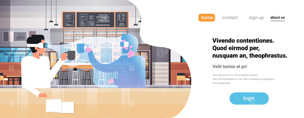 تاجر عینک دیجیتال به چشم، در حال نوشیدن قهوه و مردی با هدست واقعیت مجازی - مفهوم نوآوری در کافی‌شاپ مدرن، تصویرسازی وکتور