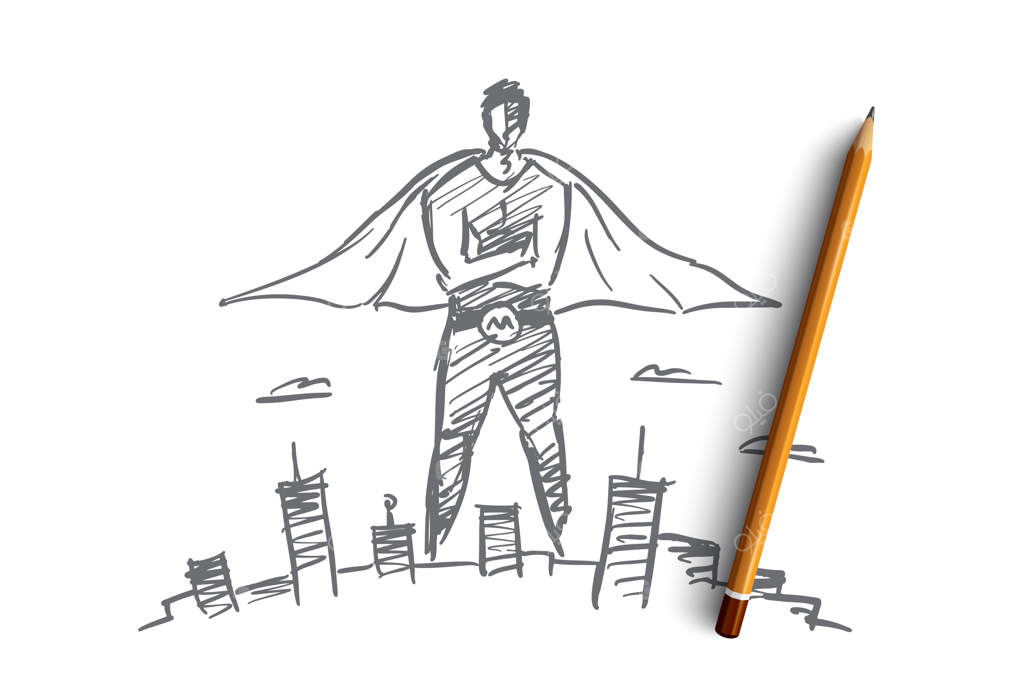 طرح مفهومی دستی قهرمان مرد با مداد روی آن