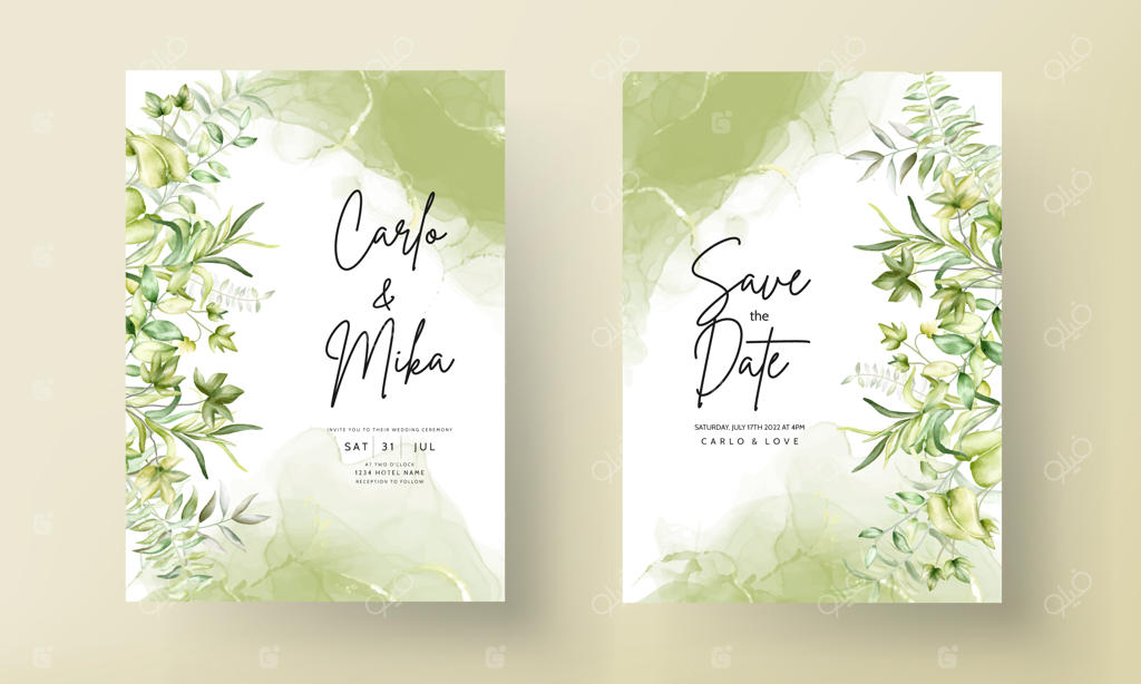 پترن دعوت‌نامه عروسی با برگ‌های زیبای آبرنگی