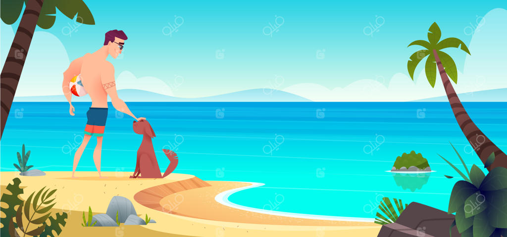 مرد و سگش در کنار هم در سواحل وحشی شنی تابستانی ایستاده‌اند و فعالیت‌های تابستانی، نخل‌ها و دریا را تجربه می‌کنند.