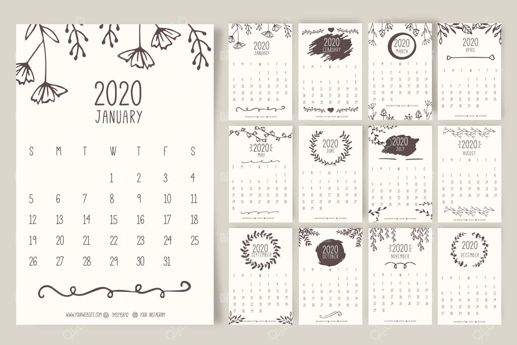 قالب تقویم دست‌کشیده گل‌دار ۲۰۲۰