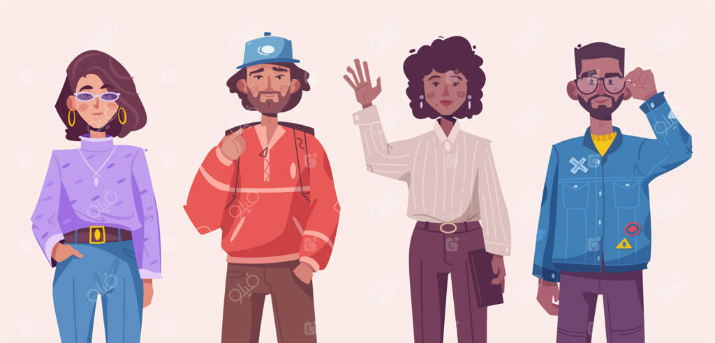 مرد و زن هیپستر جوان با لباس‌های مد روز در کنار هم ایستاده‌اند. تصویرسازی وکتوری از زوج مدرن با پوشش غیررسمی