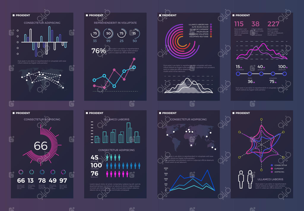 اینفوگرافیک و قالب‌های بروشور برای گزارشات تجاری با نمودارها و دیاگرام‌ها