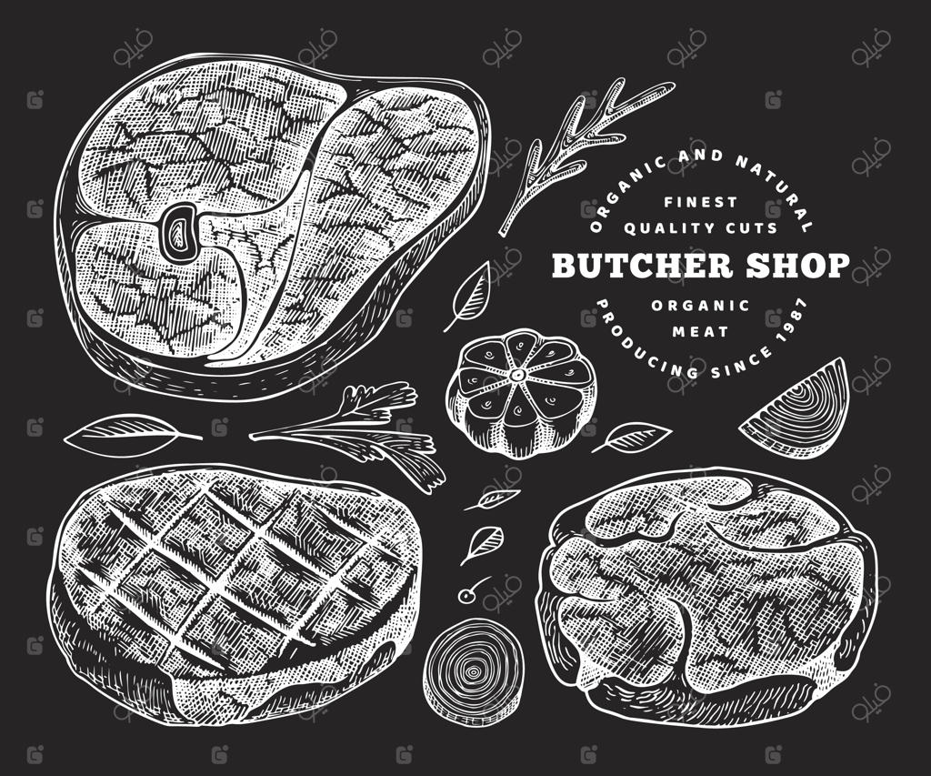 مجموعه استیک دستی، ادویه‌ها و گیاهان معطر.