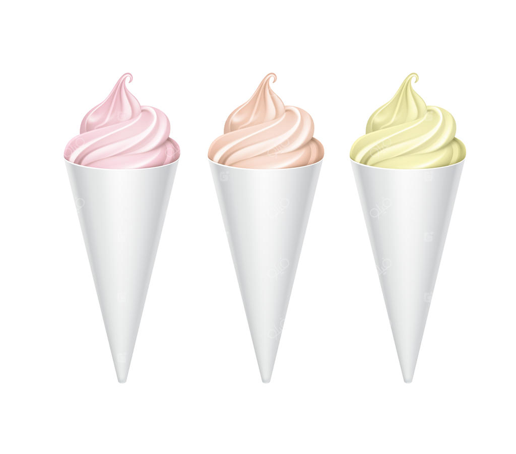 مجموعه‌ای از بستنی‌های نرم قیفی با طعم‌های مختلف در رنگ‌های صورتی و زرد با روکش کارتن سفید مشکی، نمای نزدیک و جدا شده در پس‌زمینه سفید.