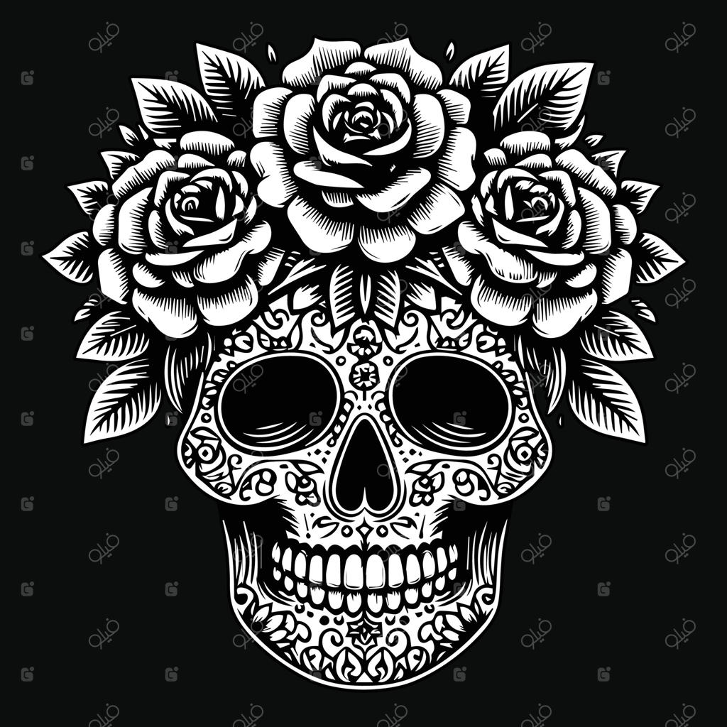 طرح هنری تاریک: جمجمه و گل‌ها در سیاه و سفید