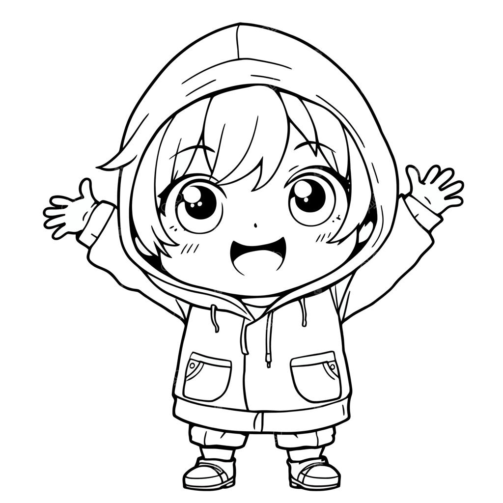 شخصیت بامزه و چبی انیمه با هودی و دستان باز برای رنگ‌آمیزی و سرگرمی