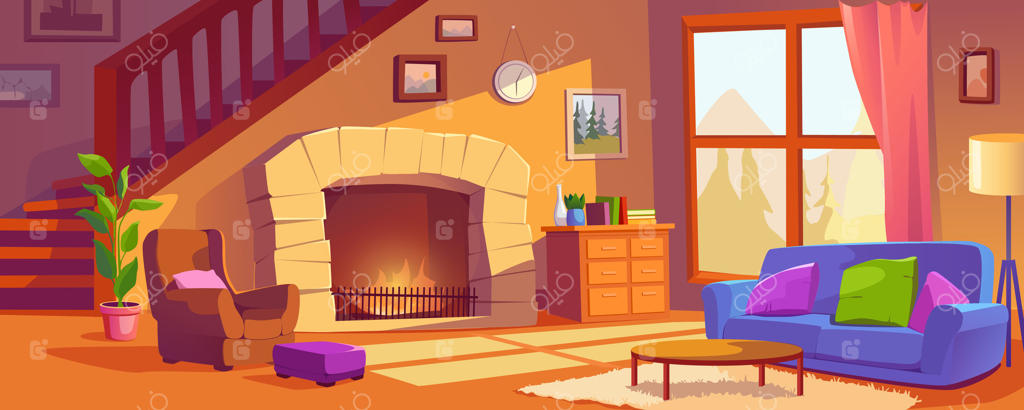 پوستر کارتونی از اتاق نشیمن با شومینه: دکوراسیون دنج خانه با مبل، صندلی راحتی، کوسن‌ها، میز قهوه، آتش گرم، نردبان چوبی و پنجره بزرگ.