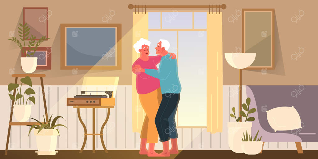 زن و شوهر سالمند وقتشان را با هم می‌گذرانند. بازنشستگی زن و شوهر. پدربزرگ و مادربزرگ خوشحال در خانه می‌رقصند. تصویرسازی