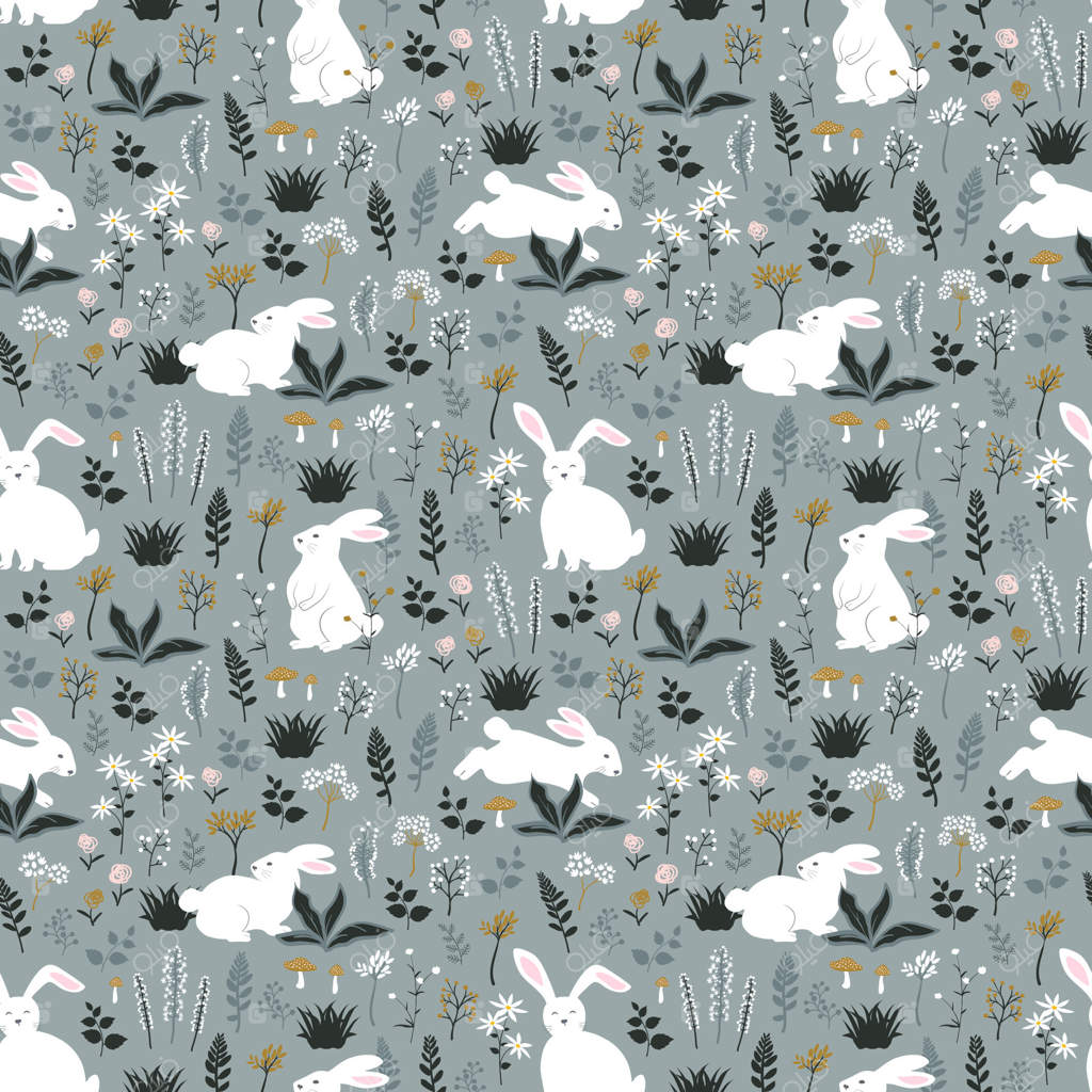 پترن یکپارچه با خرگوش‌های دست‌کشیده در باغ بهاری برای عید پاک مبارک