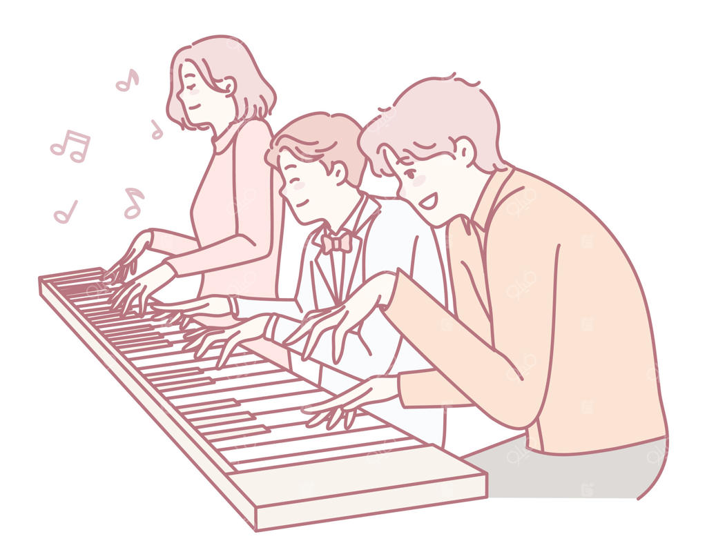 نوازندگان در حال همنوازی پیانو با هماهنگی کامل و شادی ناب