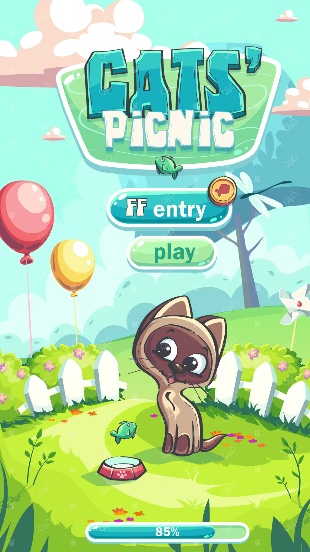 صفحه بارگذاری پیک‌نیک گربه‌ها با بالن‌های بامزه و خنده‌دار گربه‌ای قهوه‌ای بر فراز تپه‌های سبز بهاری برای چاپ در مجلات و روزنامه‌ها و روی جلد کتاب‌ها