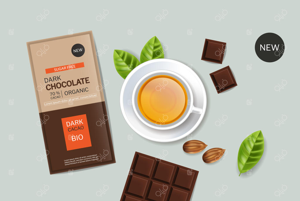 طراحی بسته‌بندی واقعی محصول: شکلات تلخ و چای در قالب وکتور
