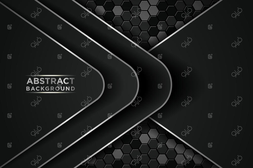 پس‌زمینه‌ای انتزاعی تیره با دایره‌ها و لایه‌های مشکی هم‌پوشان. عناصر لیست نقره‌ای و نقاط براق نقره‌ای بر روی زمینه‌ای بافت شش‌ضلعی. وکتور EPS10