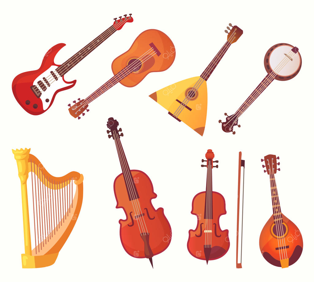کارتون آلات موسیقی: مجموعه‌ای از سازها و گیتارها