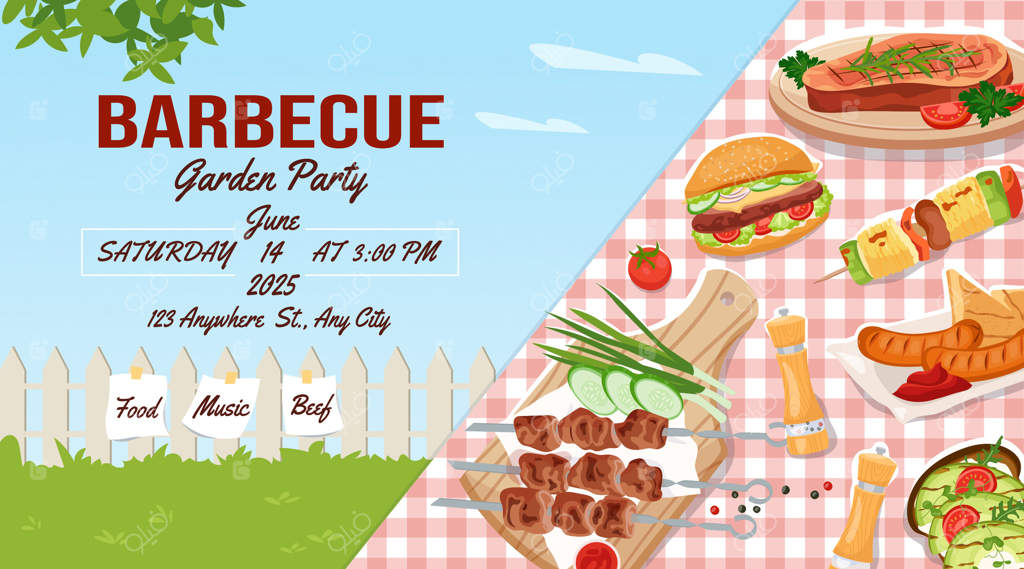 دعوت به مهمانی باربیکیو: بنر افقی کباب تابستانی. گوشت کبابی، سوسیس، برگر و سبزیجات روی میز پیک‌نیک با رومیزی شطرنجی. طراحی بروشور رویداد BBQ در فضای باز، پوستر مهمانی در باغ.