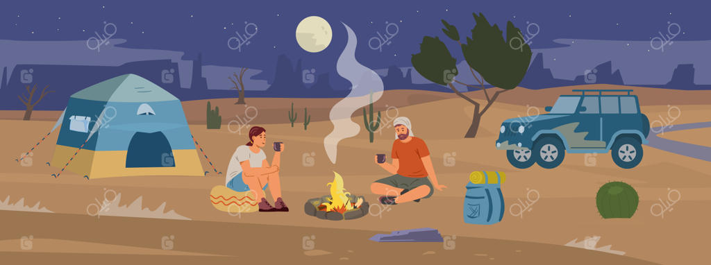 کمپ شبانه در کویر، گردشگران در حال نوشیدن چای کنار آتش و زوجی کنار ماشین آفرود