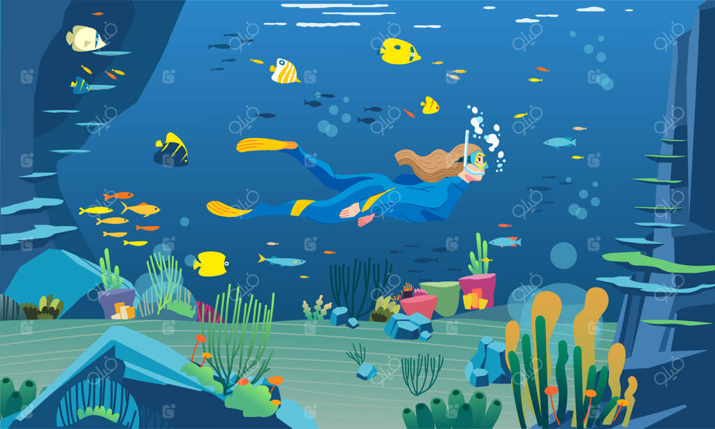 یک غواص زن در حال اسنورکلینگ در دریایی با منظره‌ای بسیار زیبا، مملو از صخره‌های مرجانی، ماهی‌ها و گیاهان دریایی - تصویر سازی