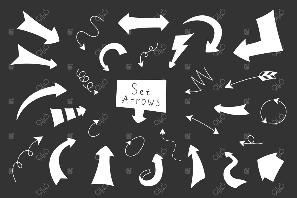 فلش‌ها به سبک کارتونی - تصویرسازی برداری. مجموعه‌ای از فلش‌های دست‌کشیده. علائم جهت‌گیری در پس‌زمینه سیاه. عناصر ساده برای تزیین پلنر، ژورنال و دفترچه یادداشت.
