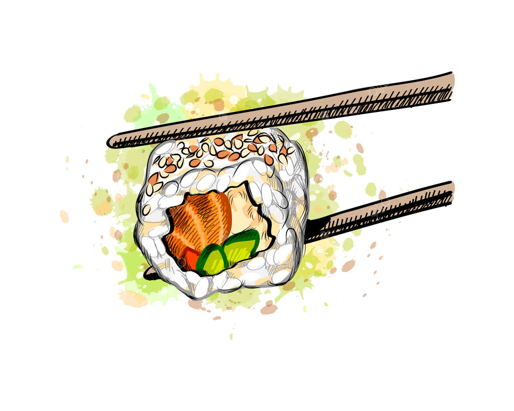 گانکن سوشی با ماهی سالمون و خیار، نقاشی دستی با طرح آبرنگی