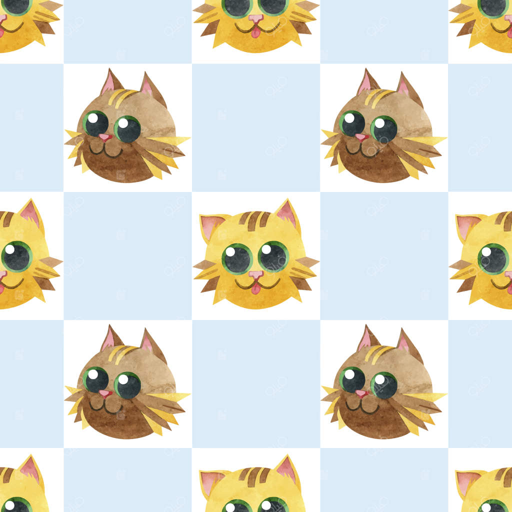 طرح یکپارچه با صورت‌های خنده‌دار گربه بافت اسکاندیناویایی خلاقانه کودکانه تصاویر آبرنگی روی زمینه شطرنجی مناسب برای پارچه، منسوجات، وب‌سایت‌ها، کاغذ دیواری و بسته‌بندی