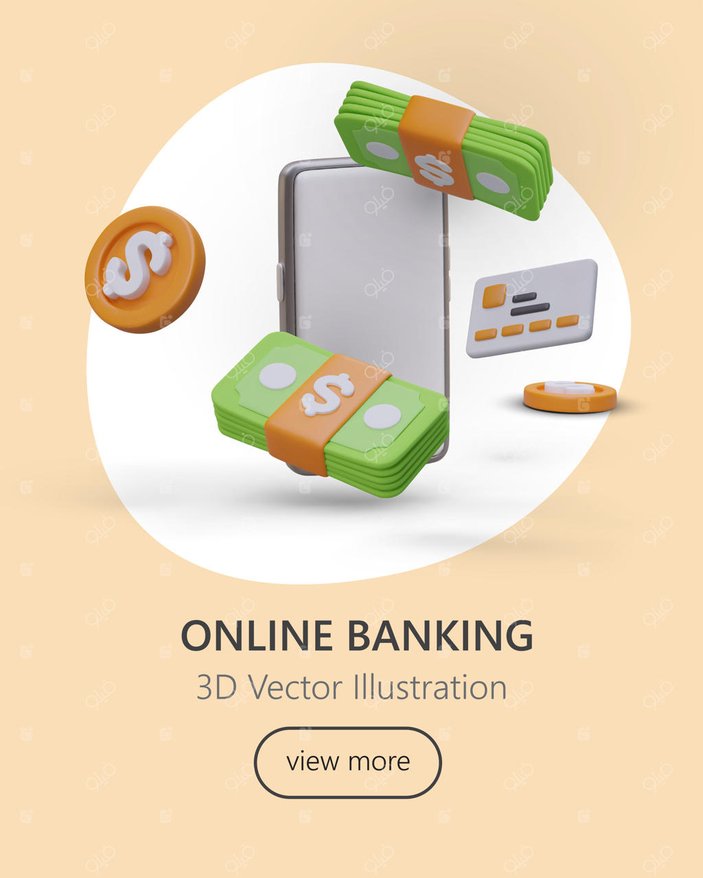 پوستر عمودی با گوشی هوشمند سه‌بعدی، اسکناس و سکه